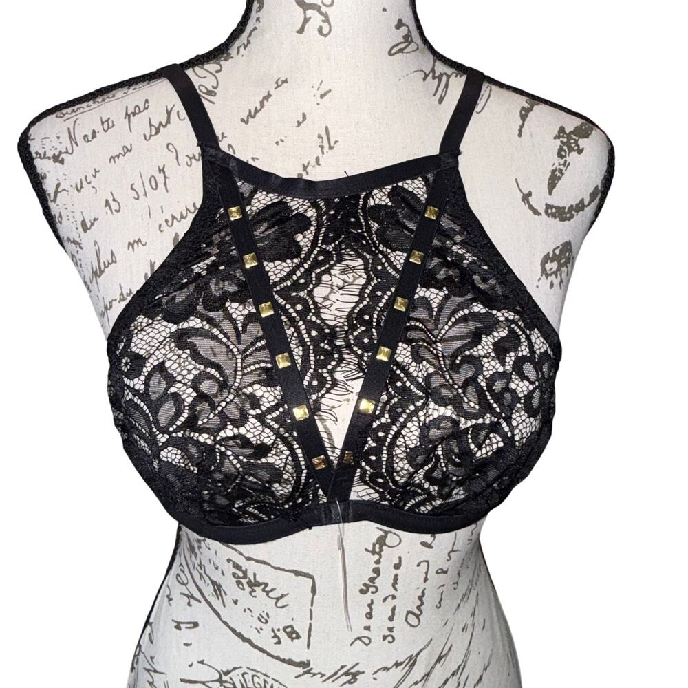 NWT Adore Me Black Lace Bra Top Gold Stud Coquette Goth Bralette Lingerie 34A/S